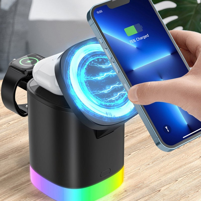 3 in 1 Magnetic Wireless Fast Charger for Smart Phone RGB Ambient Light Charging Station for Airpods Iwatch