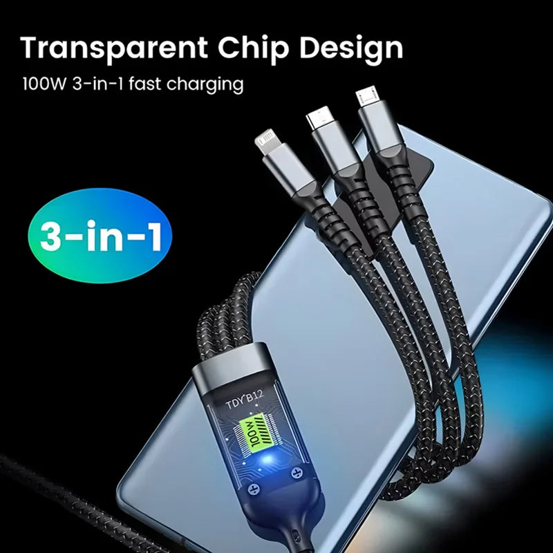 3 in 1 100W Transparent Pilot Lamp Super Fast Charging Cable Universal with Type C Usb Micro for Iphone Samsung Huawei Xiaomi 6A